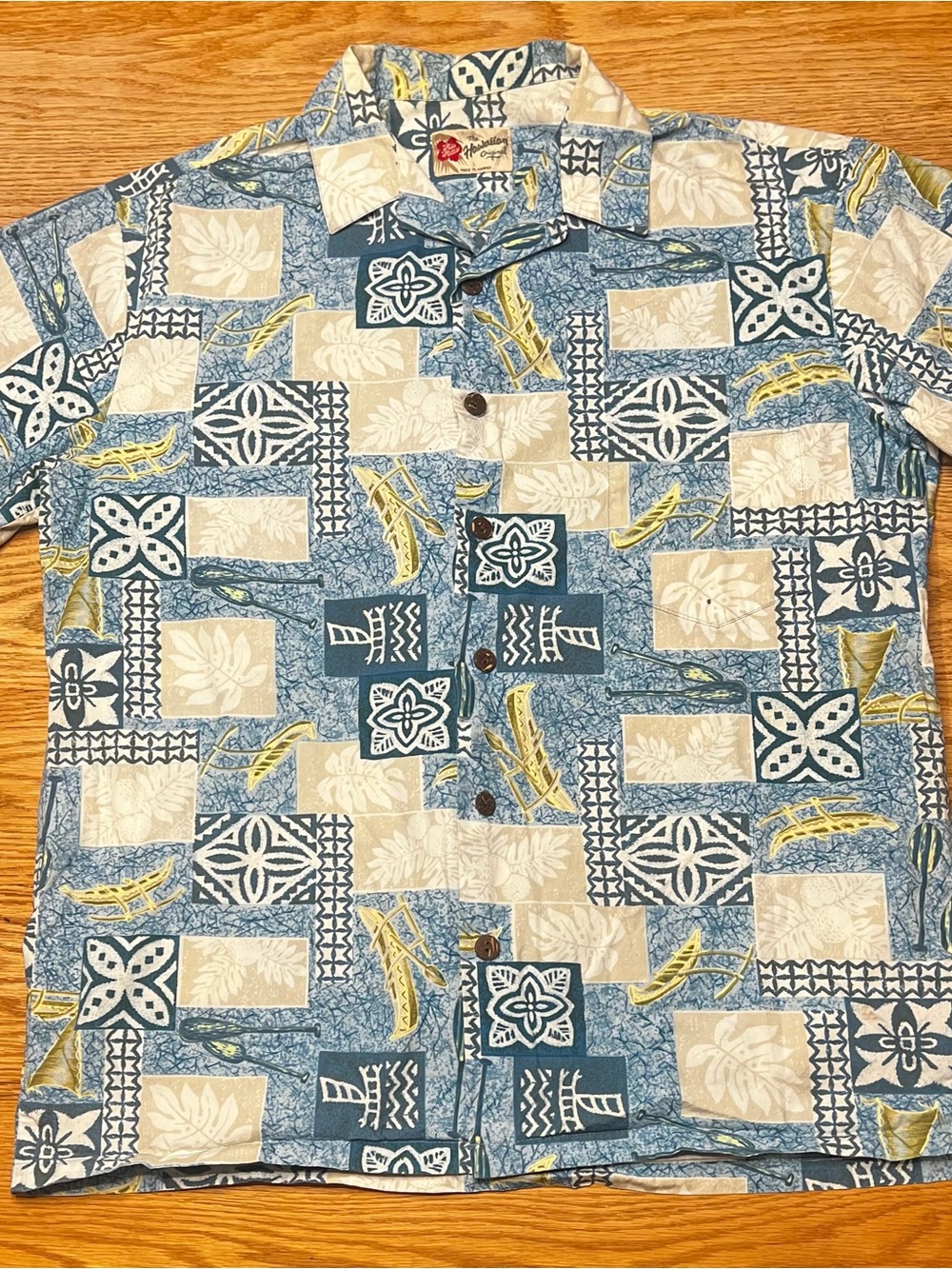Hilo Hattie VTG OG 90s Men's Blue & Beige Hawaiian Print Button-Up Shirt